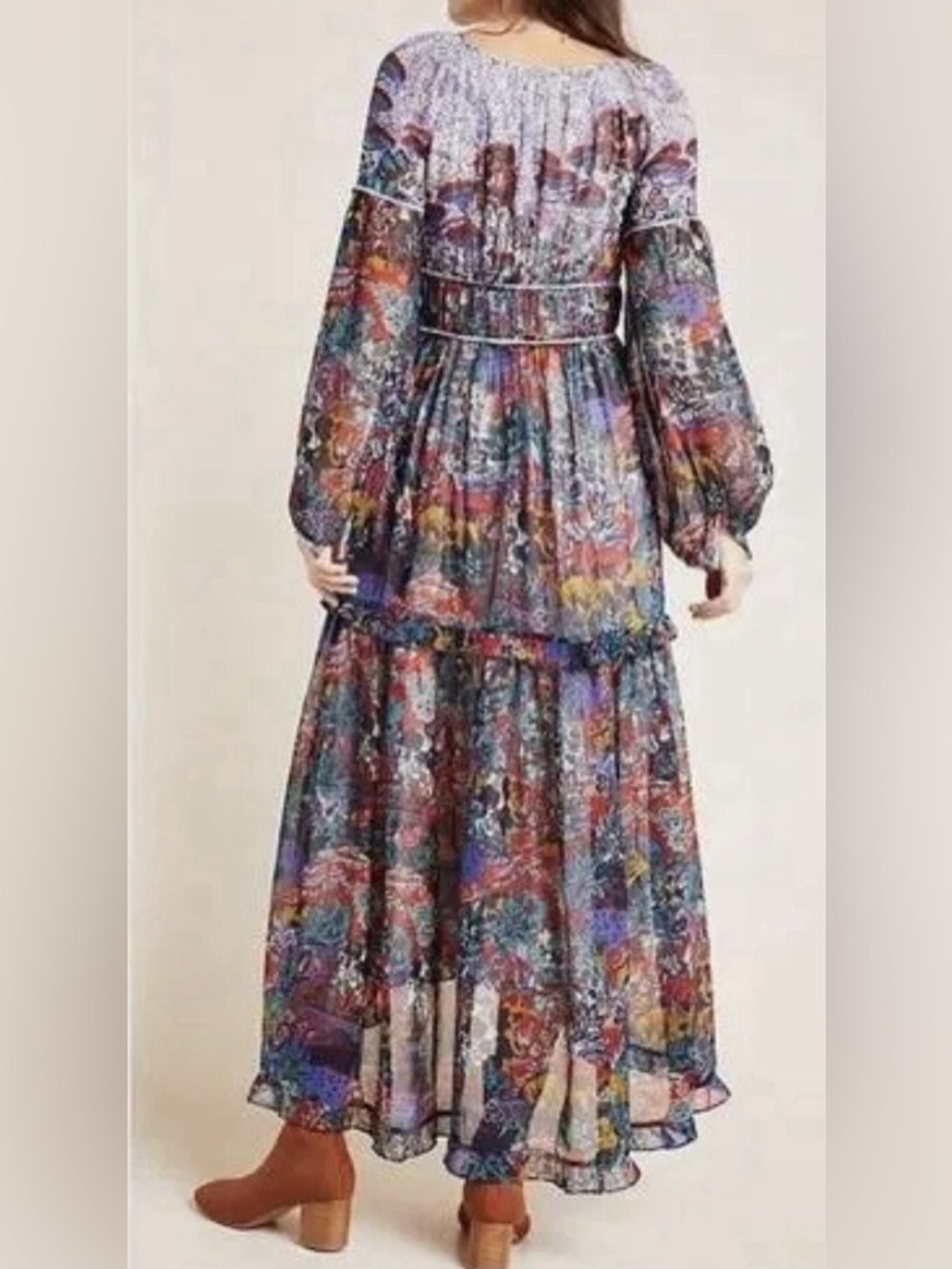 Maeve Anthropologie Annabella Maxi Dress 4 Boho Floral Long Sleeve Viscose Flowy - Picture 6 of 9